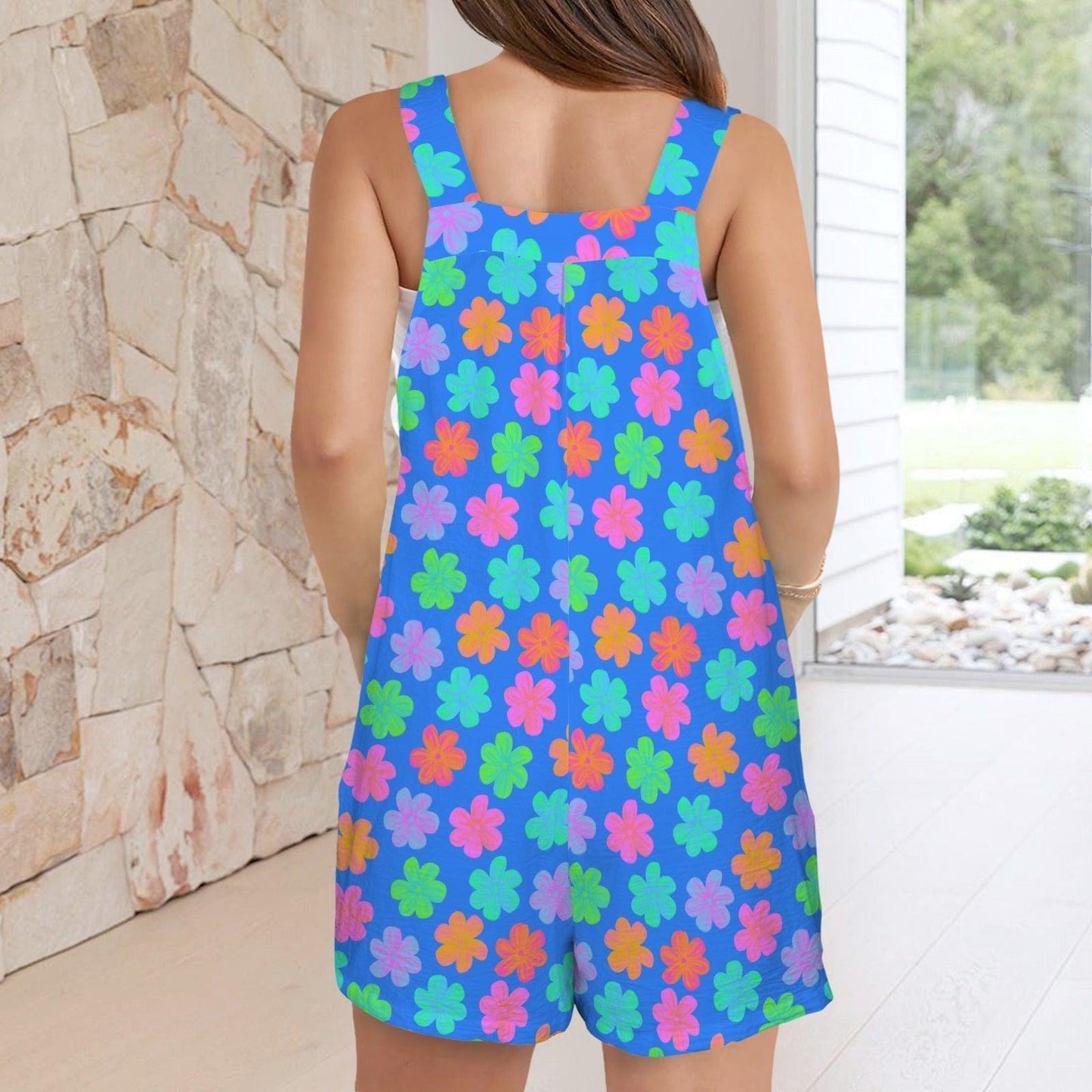 Retro Flower Romper for Women, Bright Blue Daisy Shortalls with Pockets, Groovy Festival Outfit, Colorful Summer Jumpsuit