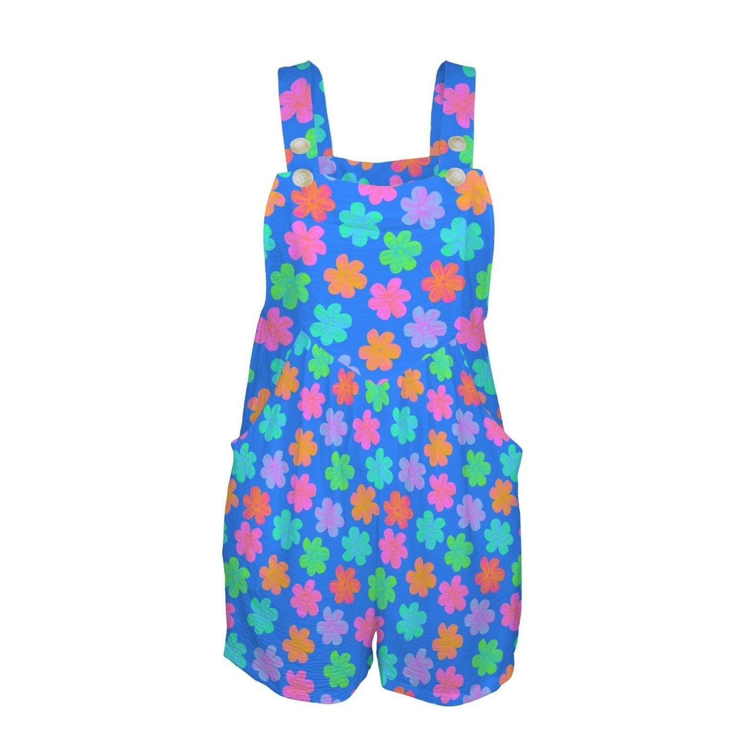 Retro Flower Romper for Women, Bright Blue Daisy Shortalls with Pockets, Groovy Festival Outfit, Colorful Summer Jumpsuit