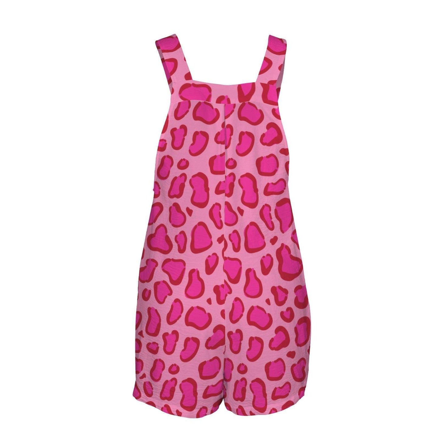 Hot Pink Leopard Shortalls Romper for Women, Animal Print Playsuit with Pockets, Bold Vacation Outfit, Trendy Summer Jumpsuit
