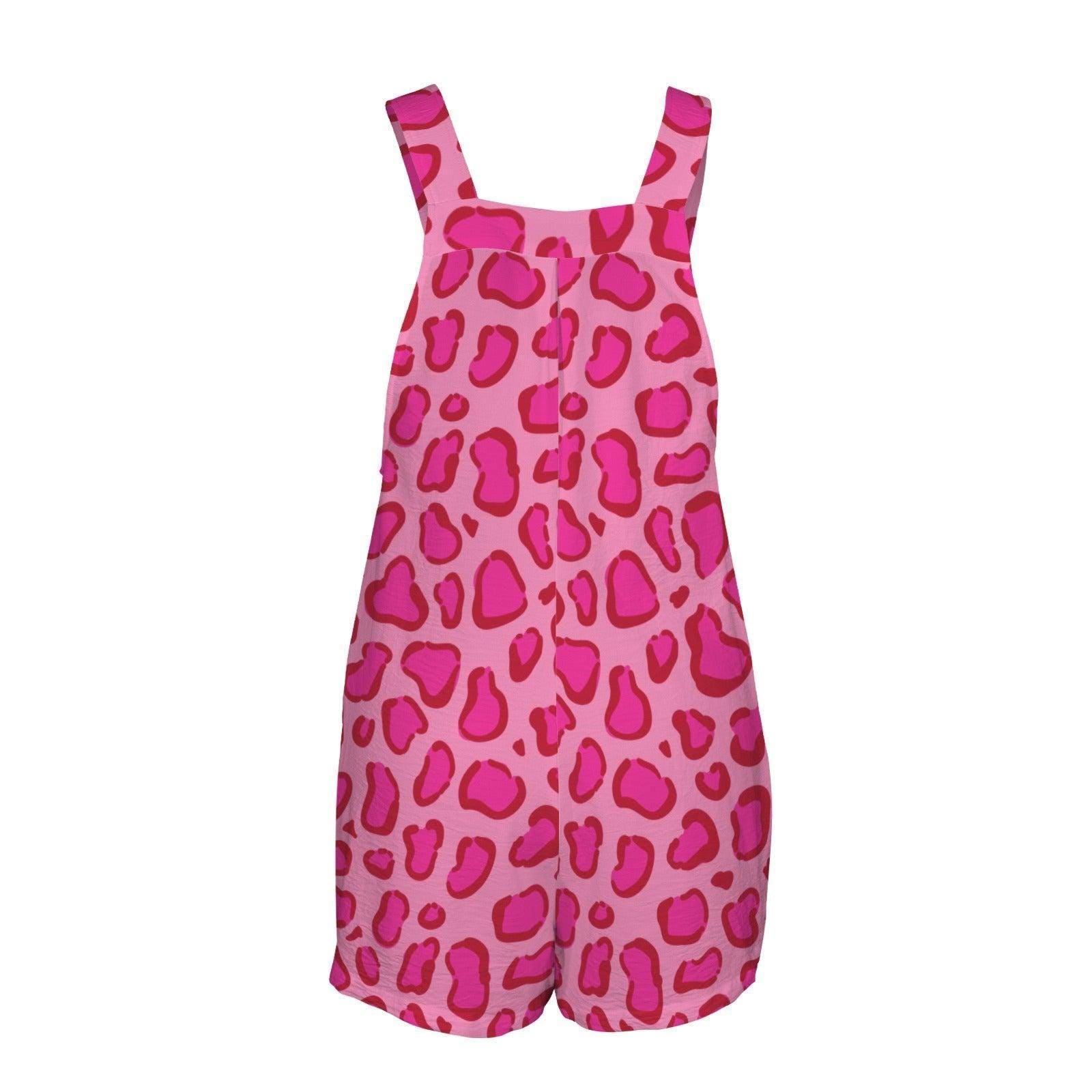 Hot Pink Leopard Shortalls Romper for Women, Animal Print Playsuit with Pockets, Bold Vacation Outfit, Trendy Summer Jumpsuit