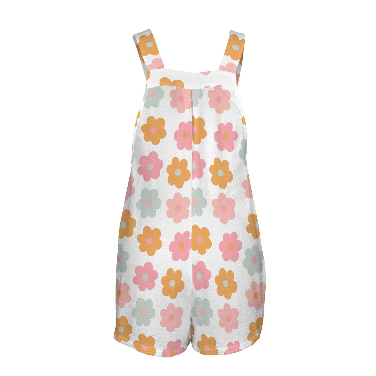 Floral Overall Romper for Women, Pastel Daisy Shortalls, Loose Fit Bib Front Summer Jumpsuit with Pockets, Retro Garden Vacation Outfit