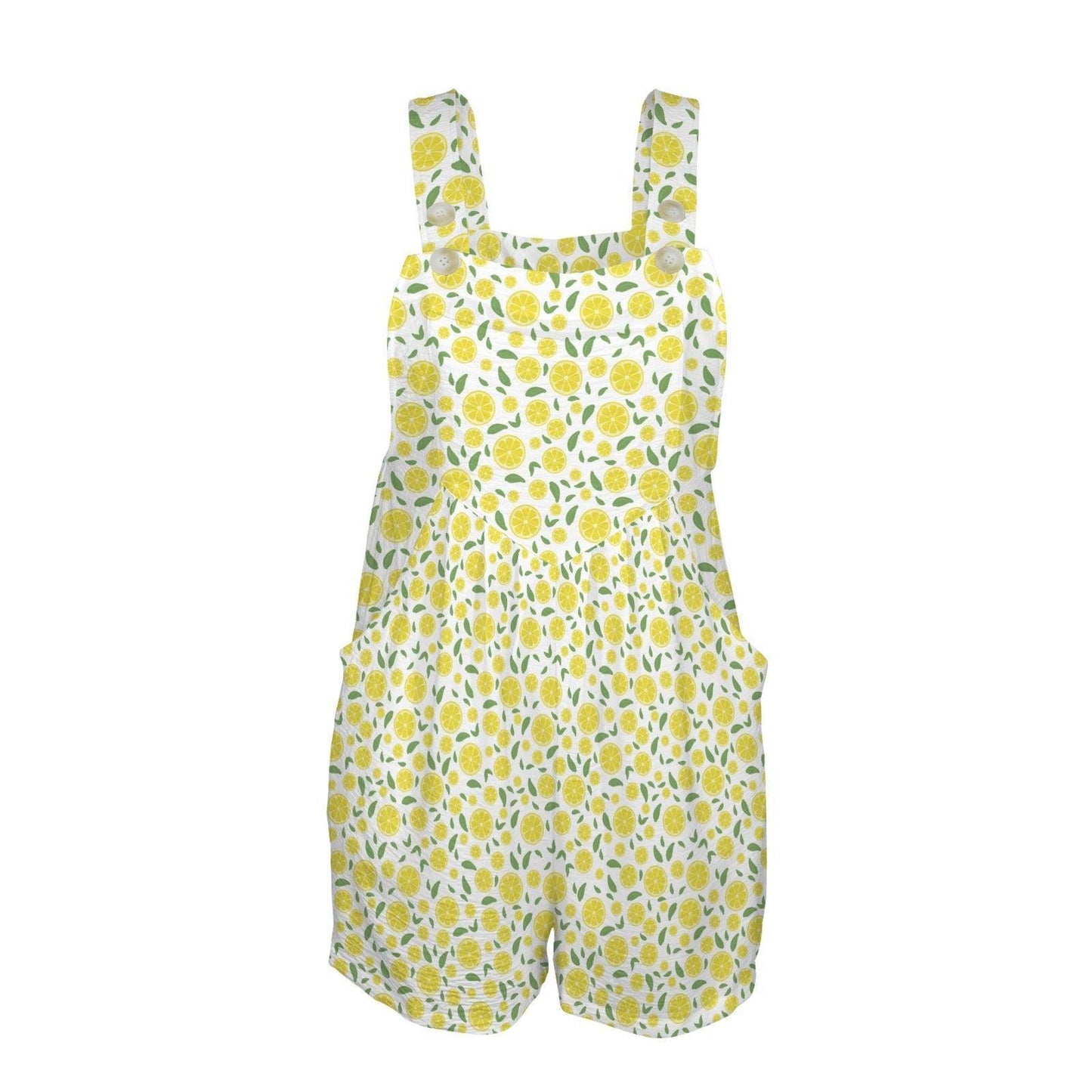 Lemon Print Shortalls for Women, Citrus Bib Romper with Pockets, Fresh Summer Farmers Market Outfit