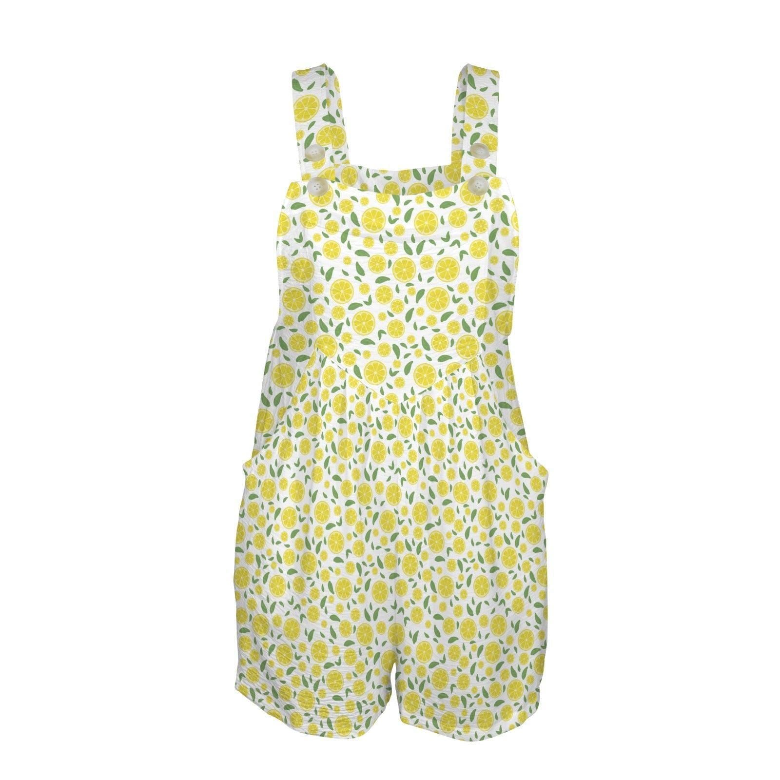 Lemon Print Shortalls for Women, Citrus Bib Romper with Pockets, Fresh Summer Farmers Market Outfit