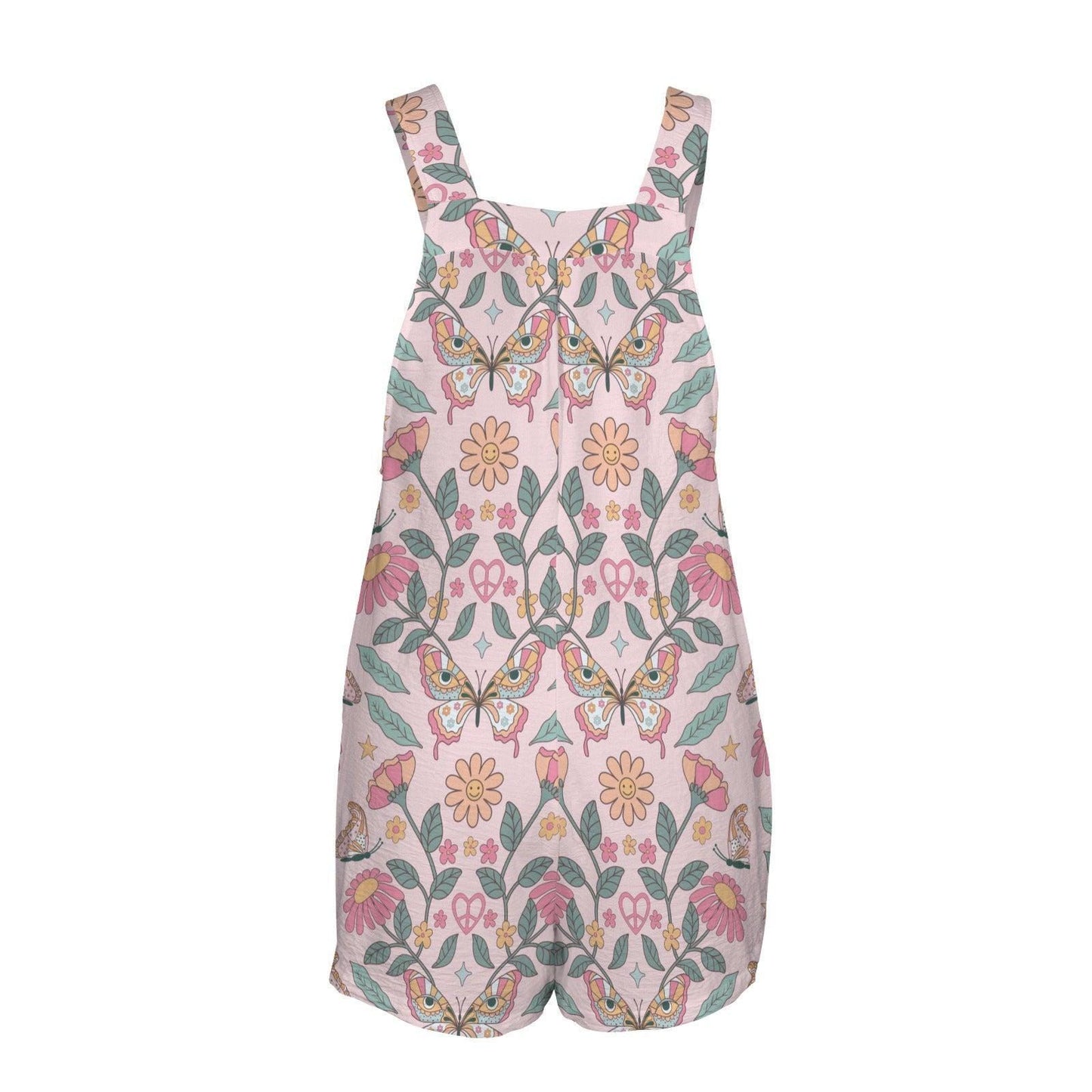 Butterfly Floral Shortalls for Women, Retro Daisy Romper, Groovy Pink Playsuit, Whimsical Summer Overalls with Pockets