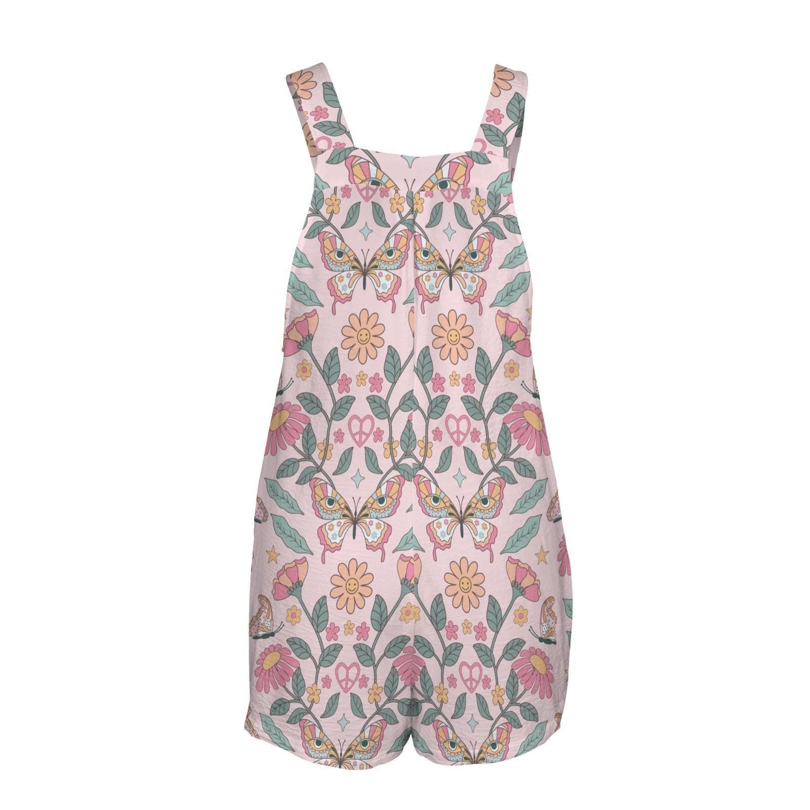 Butterfly Floral Shortalls for Women, Retro Daisy Romper, Groovy Pink Playsuit, Whimsical Summer Overalls with Pockets