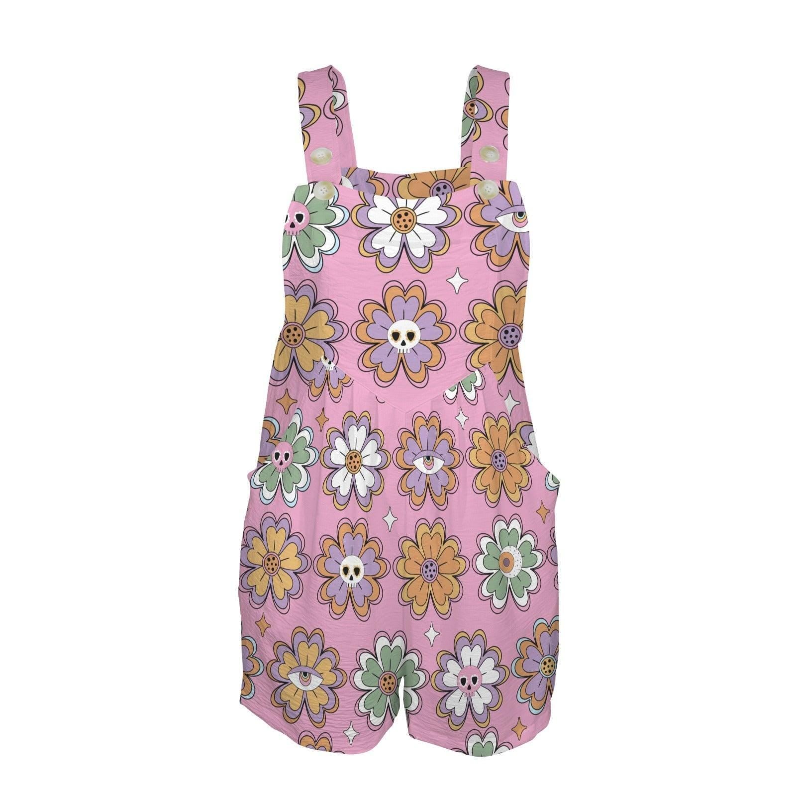 Pastel Goth Shortalls Romper for Women, Spooky Floral Playsuit, Retro Skull Flower Outfit, Groovy Goth Summer Jumpsuit