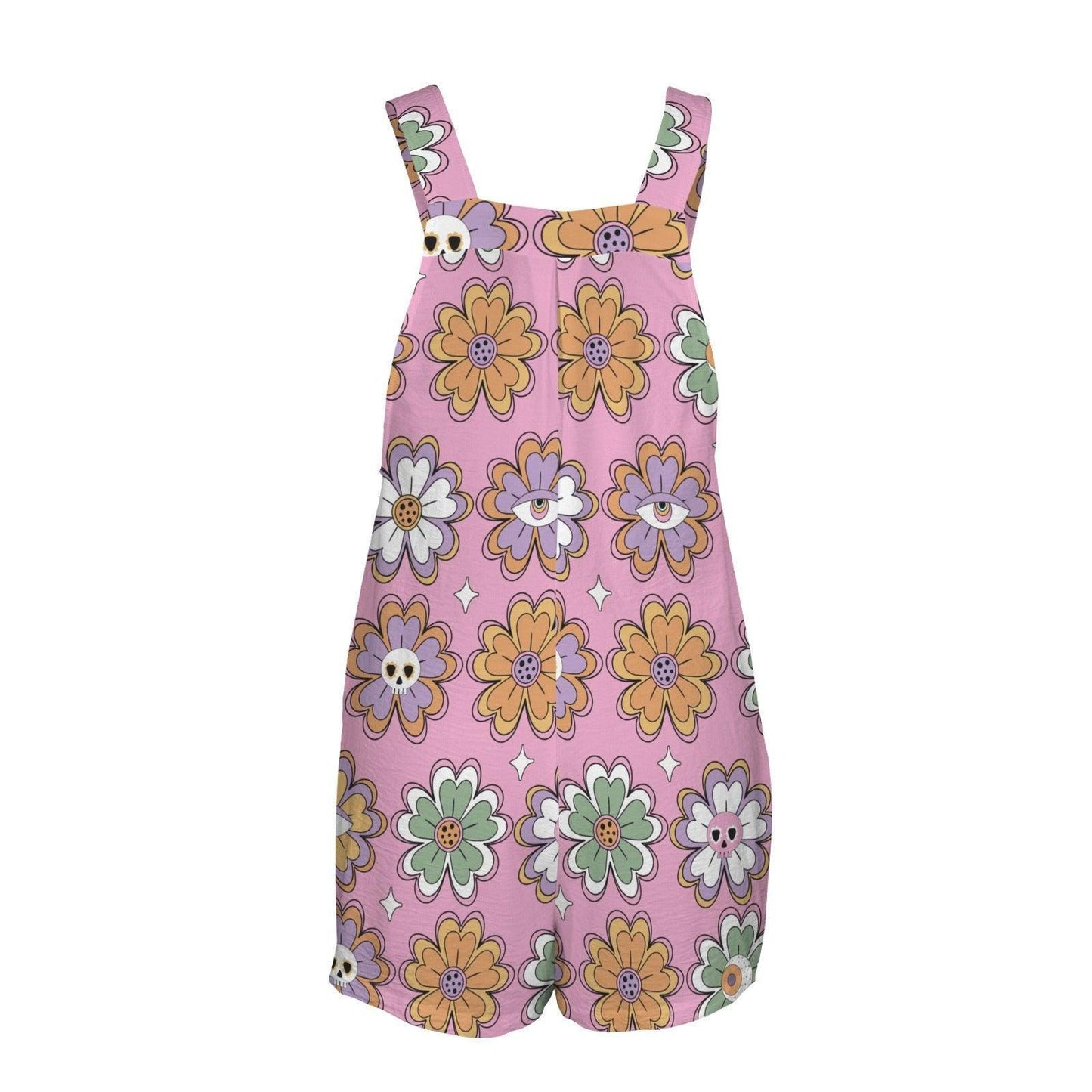Pastel Goth Shortalls Romper for Women, Spooky Floral Playsuit, Retro Skull Flower Outfit, Groovy Goth Summer Jumpsuit