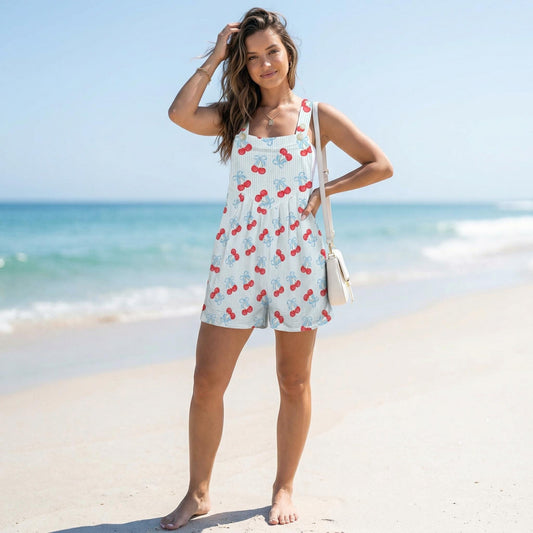 Cherry bow shortalls for women, blue stripe romper, coquette summer playsuit, picnic outfit with pockets, cute fruit overall shorts