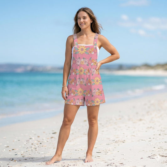 Pink Floral Shortalls for Women, Retro Daisy Bib Romper with Pockets, Groovy Spring Festival One Piece Outfit