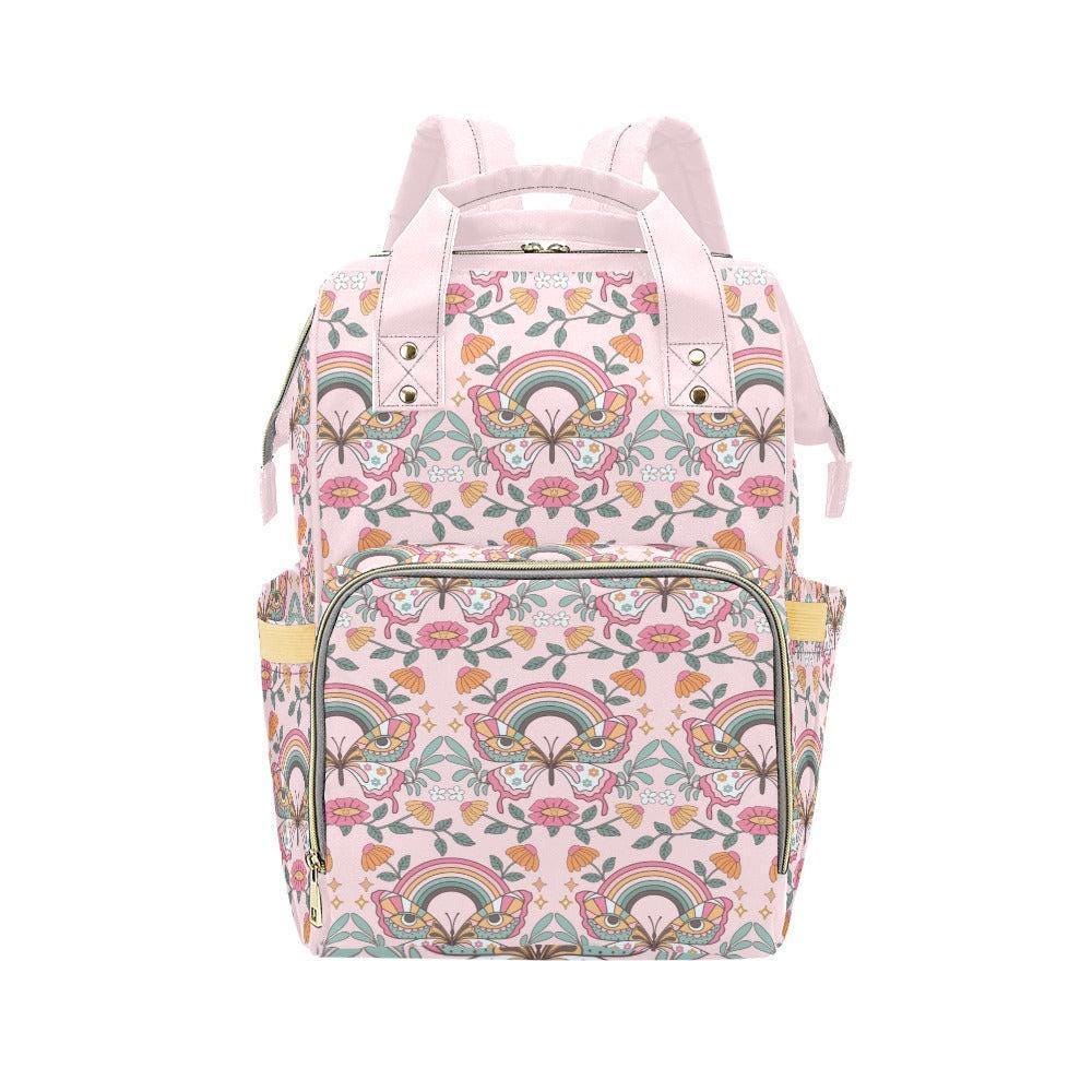 Rainbow Diaper Bag Backpack, Pastel Butterfly Mom Bag, Pink Baby Travel Backpack, Boho Nursery Organizer Gift