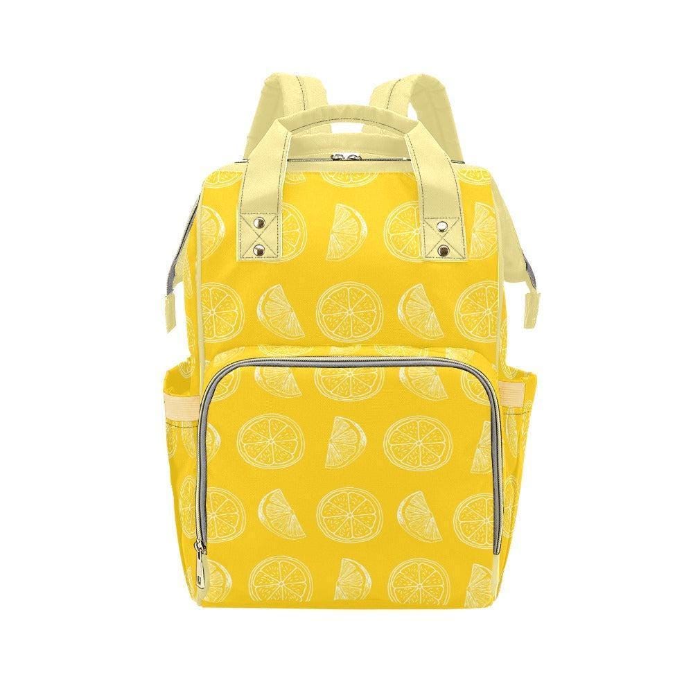 Lemon Print Diaper Bag Backpack, Citrus Baby Travel Organizer, Yellow Mom Bag