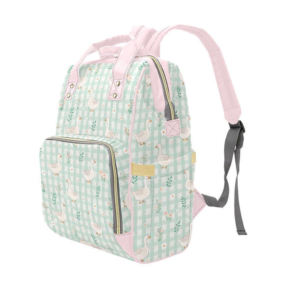 Goose Diaper Bag Backpack, Mint Gingham Cottagecore Mom Bag, Baby Travel Backpack, Farmhouse Stroller Organizer
