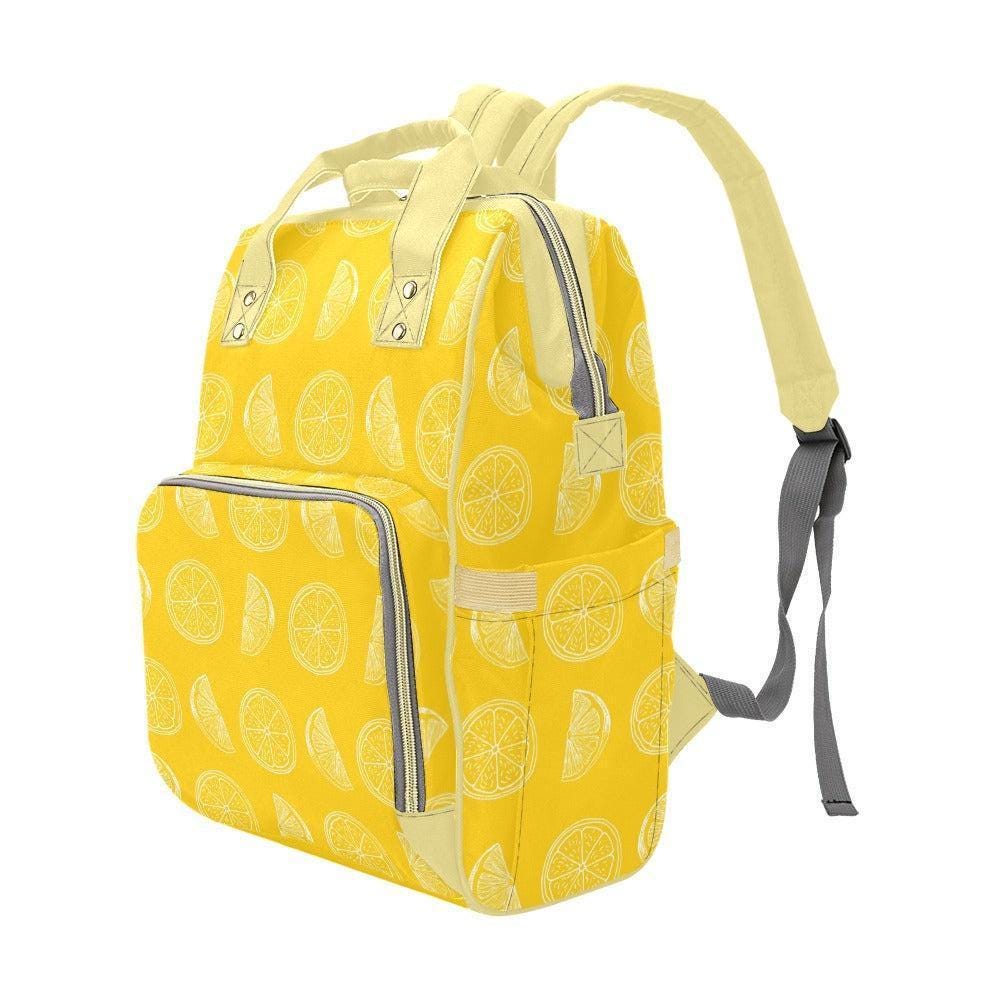 Lemon Print Diaper Bag Backpack, Citrus Baby Travel Organizer, Yellow Mom Bag