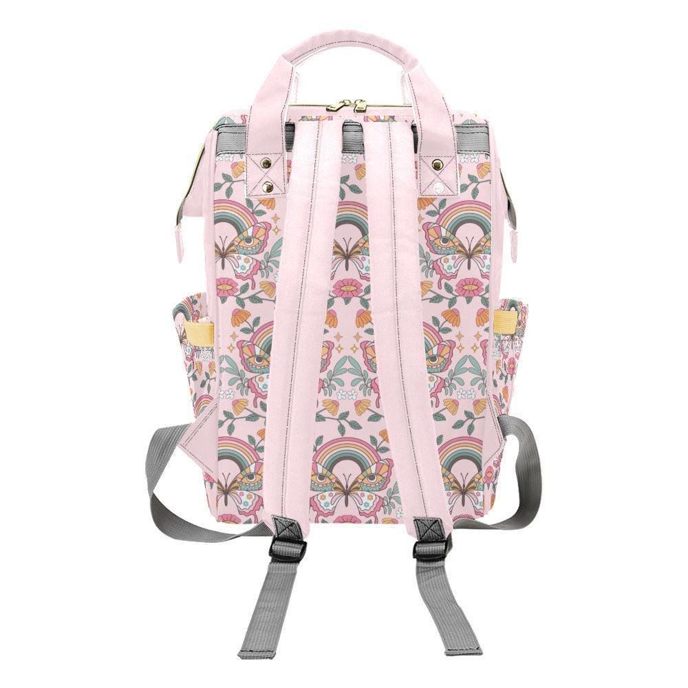 Rainbow Diaper Bag Backpack, Pastel Butterfly Mom Bag, Pink Baby Travel Backpack, Boho Nursery Organizer Gift