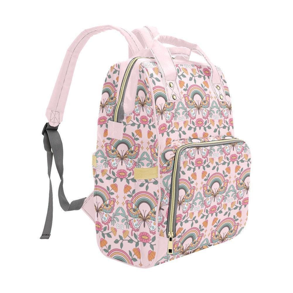Rainbow Diaper Bag Backpack, Pastel Butterfly Mom Bag, Pink Baby Travel Backpack, Boho Nursery Organizer Gift