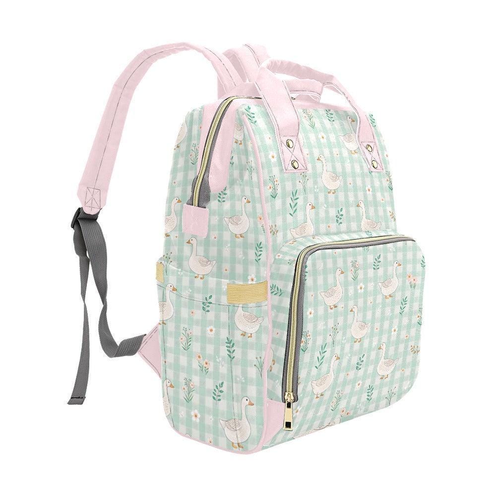 Goose Diaper Bag Backpack, Mint Gingham Cottagecore Mom Bag, Baby Travel Backpack, Farmhouse Stroller Organizer