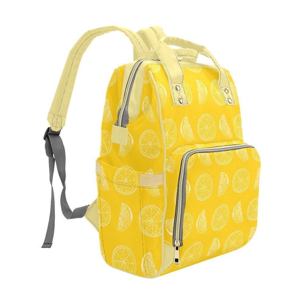 Lemon Print Diaper Bag Backpack, Citrus Baby Travel Organizer, Yellow Mom Bag