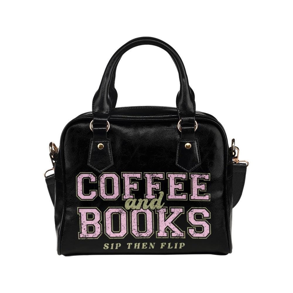Coffee and books satchel purse, book lover handbag, reader gift shoulder bag, varsity typography top handle bag