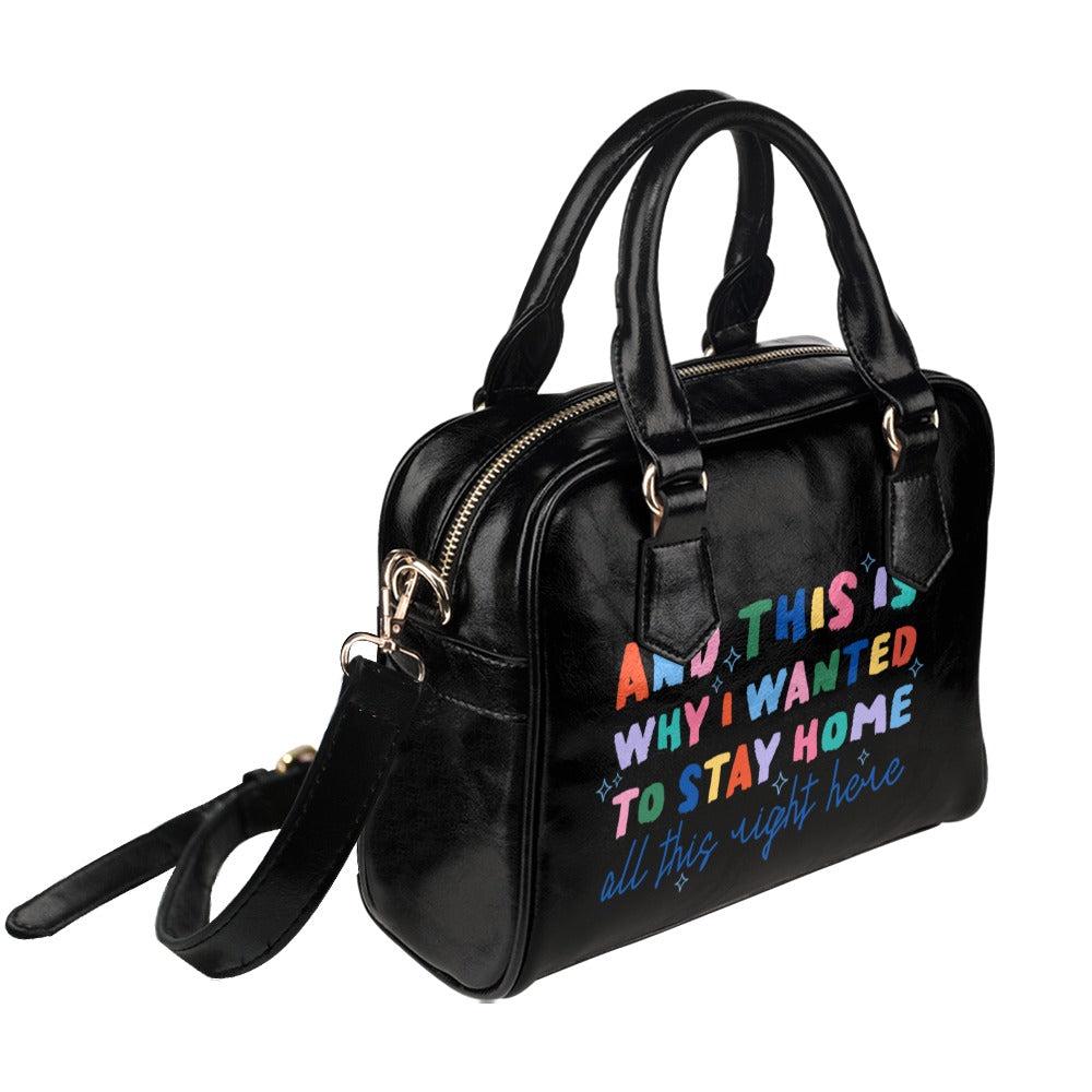 Colorful slogan satchel bag, statement top handle purse, black typography handbag with strap, introvert gift for women