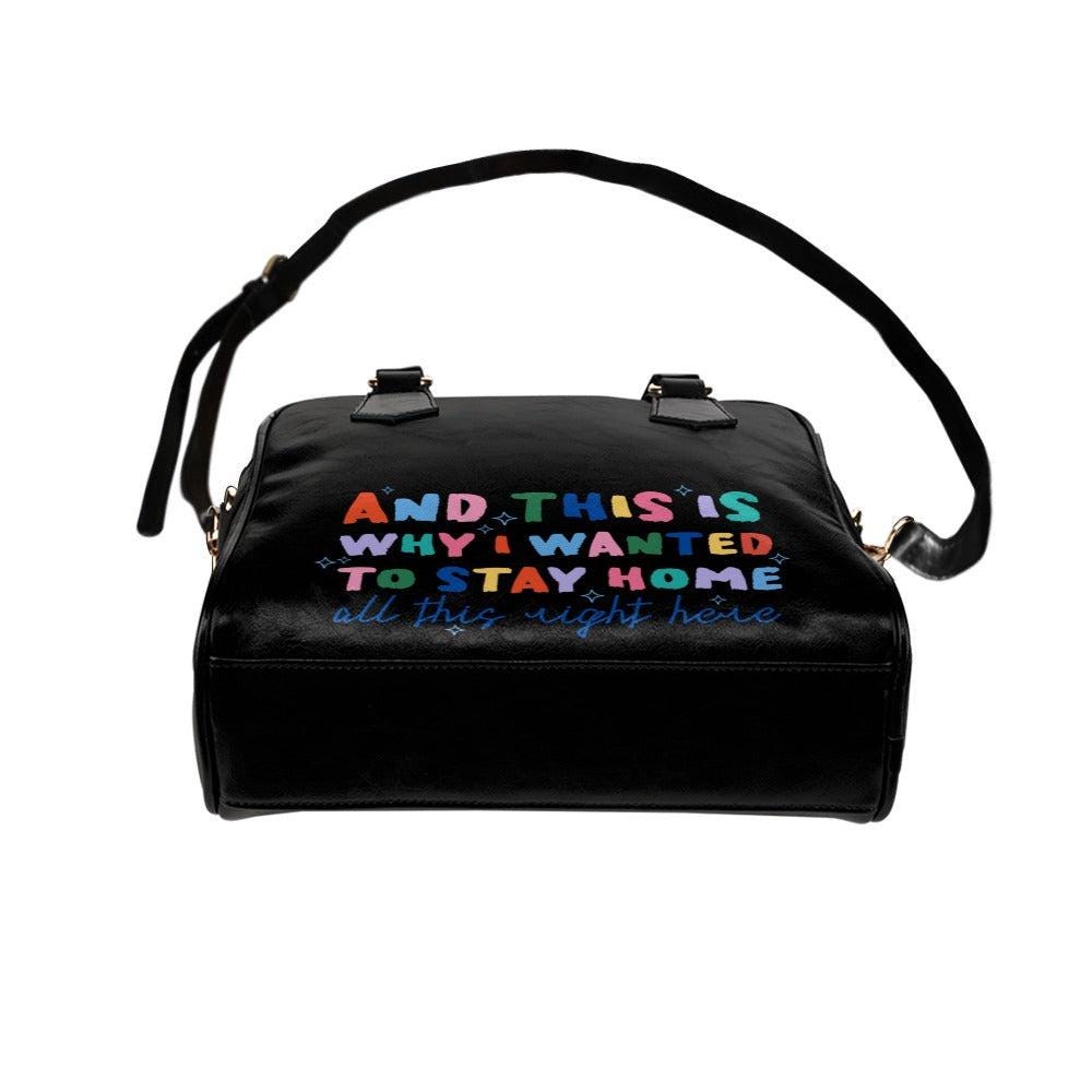 Colorful slogan satchel bag, statement top handle purse, black typography handbag with strap, introvert gift for women