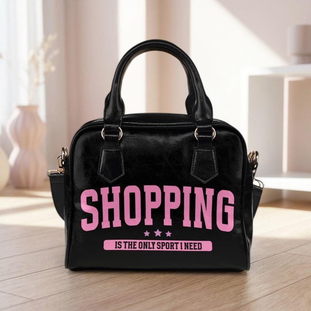 Shopaholic Bowler Bag, Funny Shopping Purse, Black Slogan Handbag, Pink Statement Satchel, Fashion Lover Gift for Her