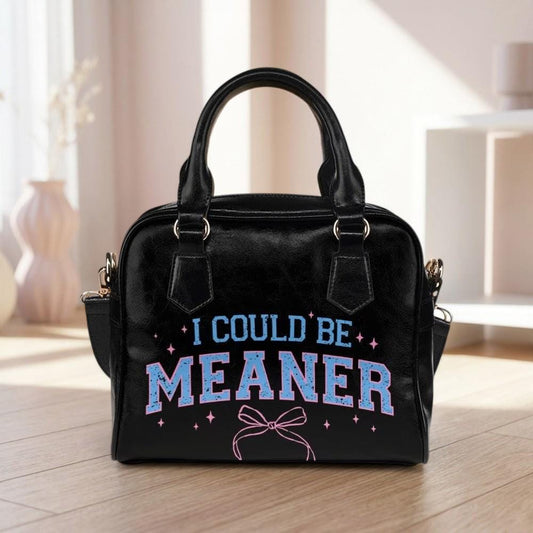 Sassy Varsity Purse, Meaner Quote Handbag, Black Graphic Bowler Bag, Pink Blue Attitude Satchel, Edgy Fashion Gift