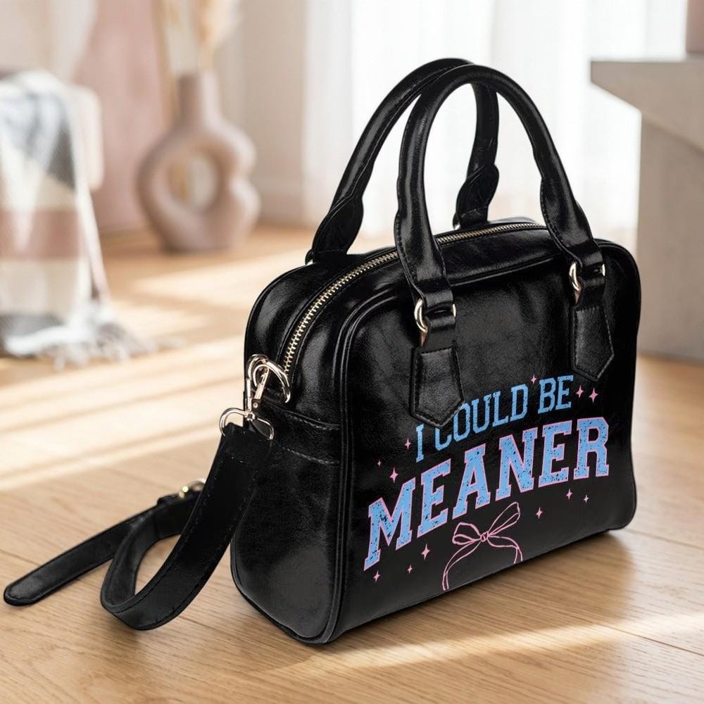 Sassy Varsity Purse, Meaner Quote Handbag, Black Graphic Bowler Bag, Pink Blue Attitude Satchel, Edgy Fashion Gift