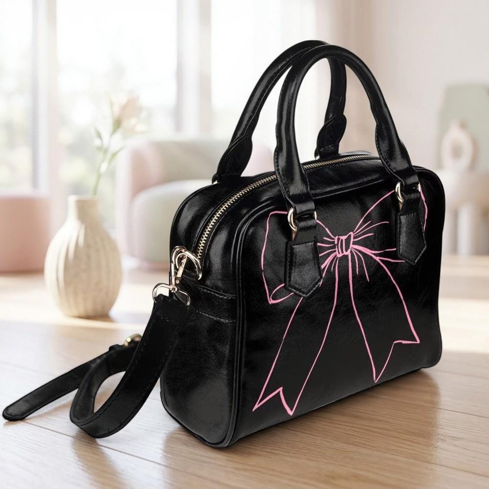 Black Bowler Bag with Pink Bow, Coquette Handbag, Y2K Purse, Cute Girly Shoulder Satchel, Alt Fashion Gift for Her