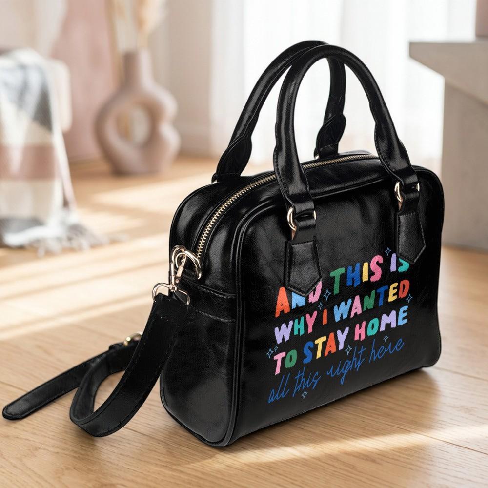 Colorful slogan satchel bag, statement top handle purse, black typography handbag with strap, introvert gift for women