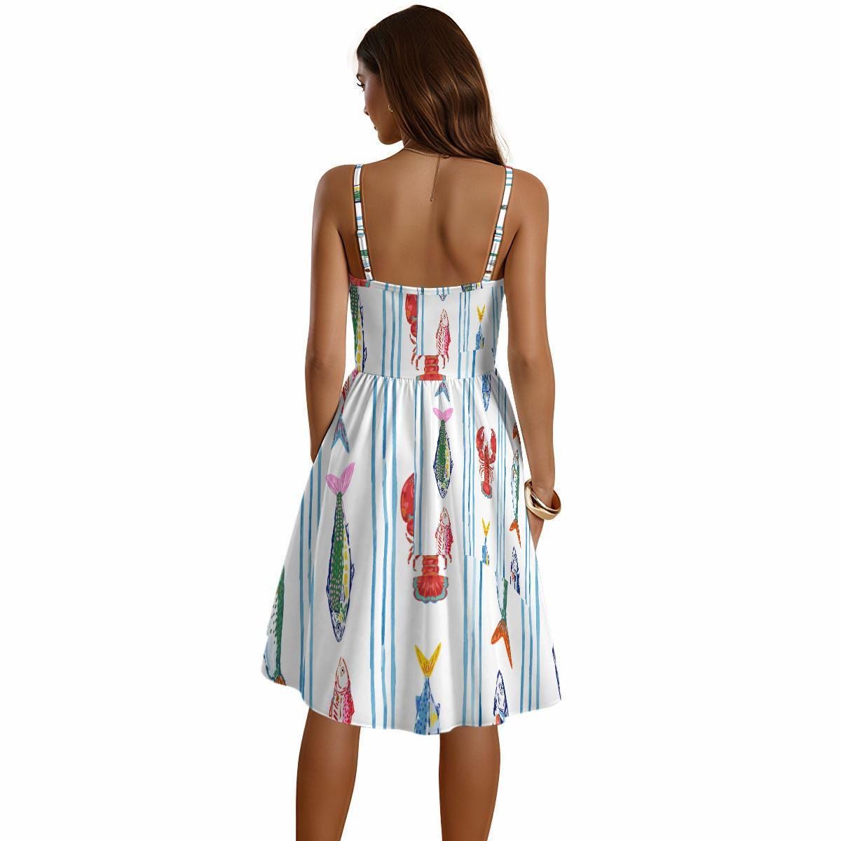 Nautical Fish Print Sundress, Striped Sweetheart Neckline Beach Dress