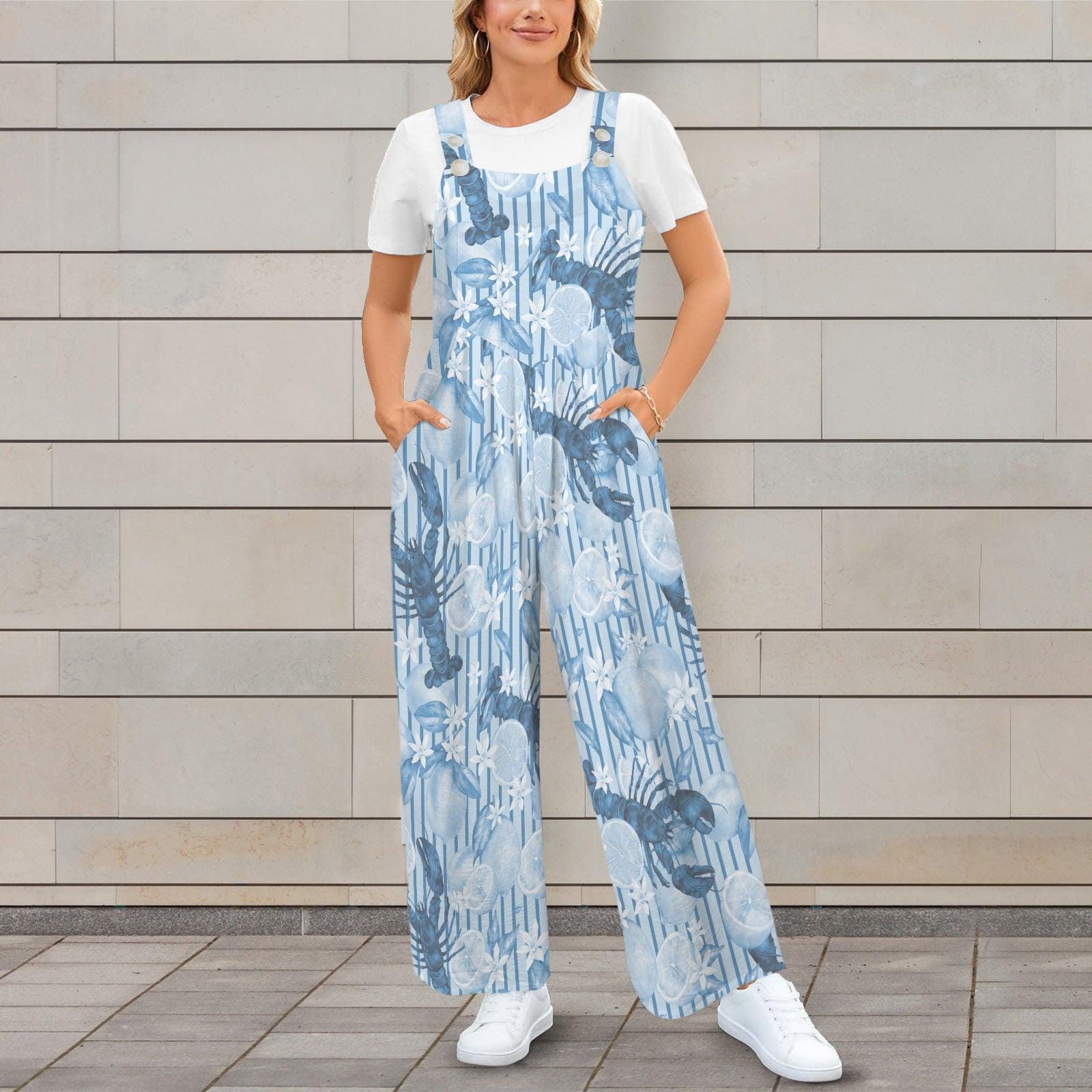 Lobster Jumpsuit Women Blue Citrus Print Overall, Nautical Summer Romper, Coastal Foodie Vacation Jumpsuit with Pockets