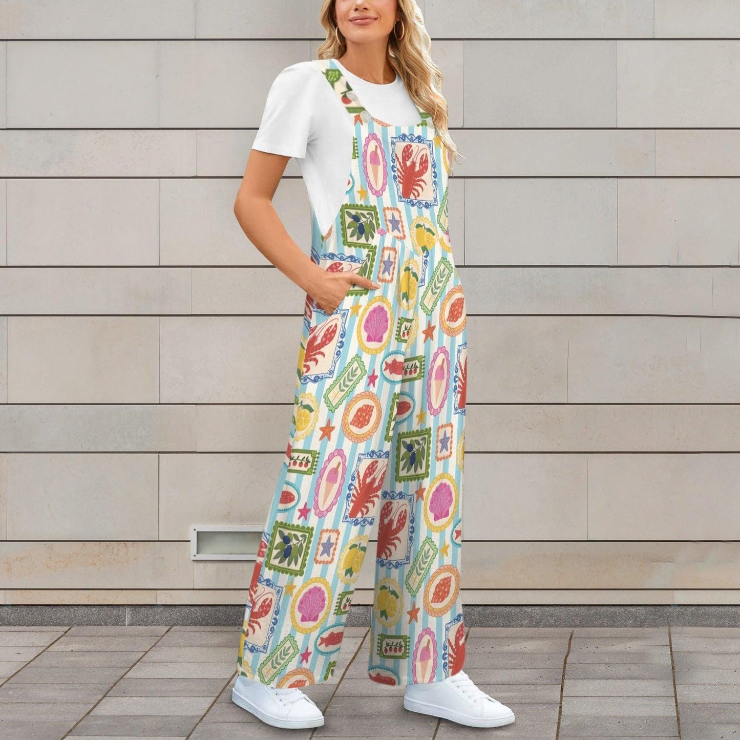 Seafood Stamp Overalls, Colorful Coastal Jumpsuit for Women, Lobster Shell Lemon Vacation Romper, Summer Market Jumpsuit