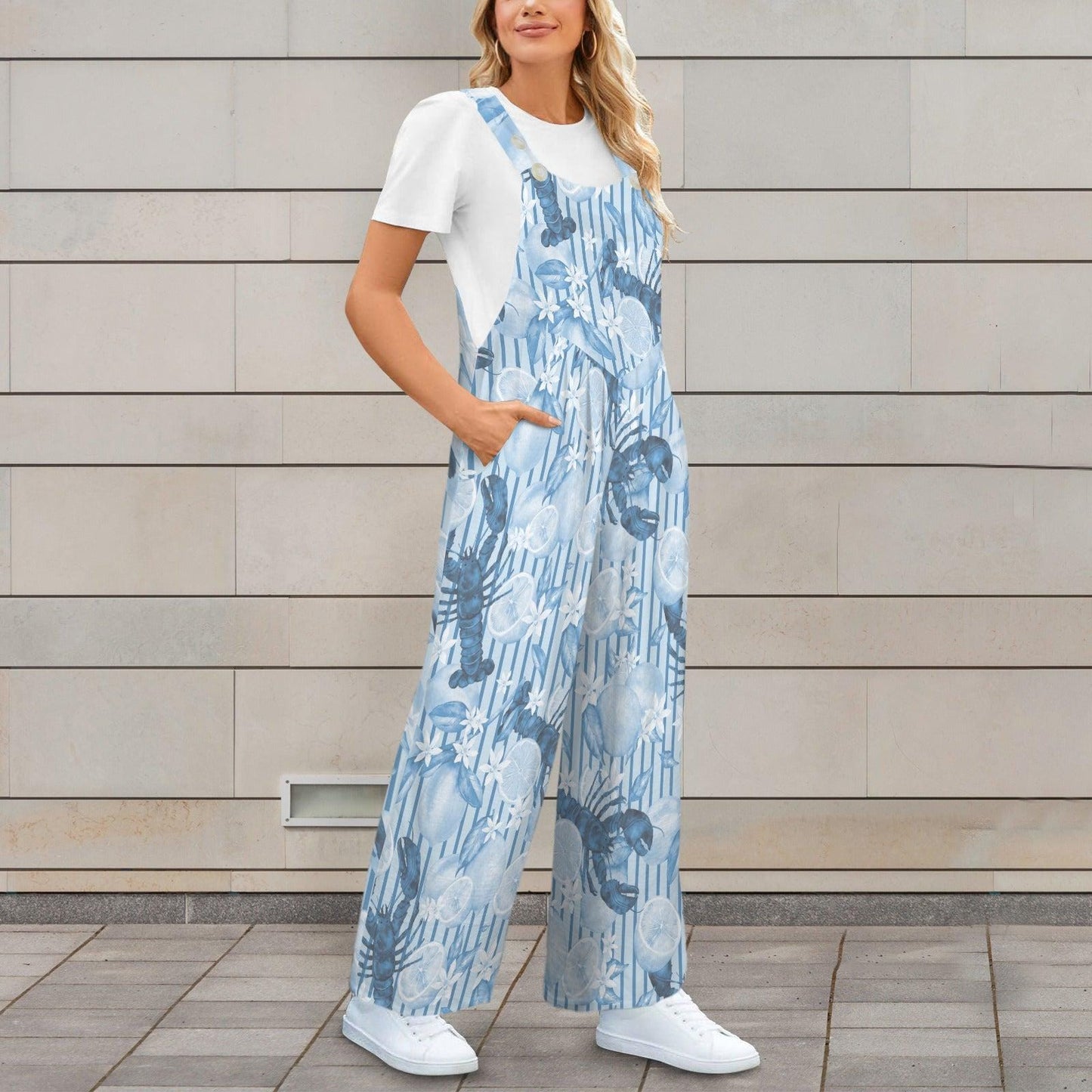 Lobster Jumpsuit Women Blue Citrus Print Overall, Nautical Summer Romper, Coastal Foodie Vacation Jumpsuit with Pockets