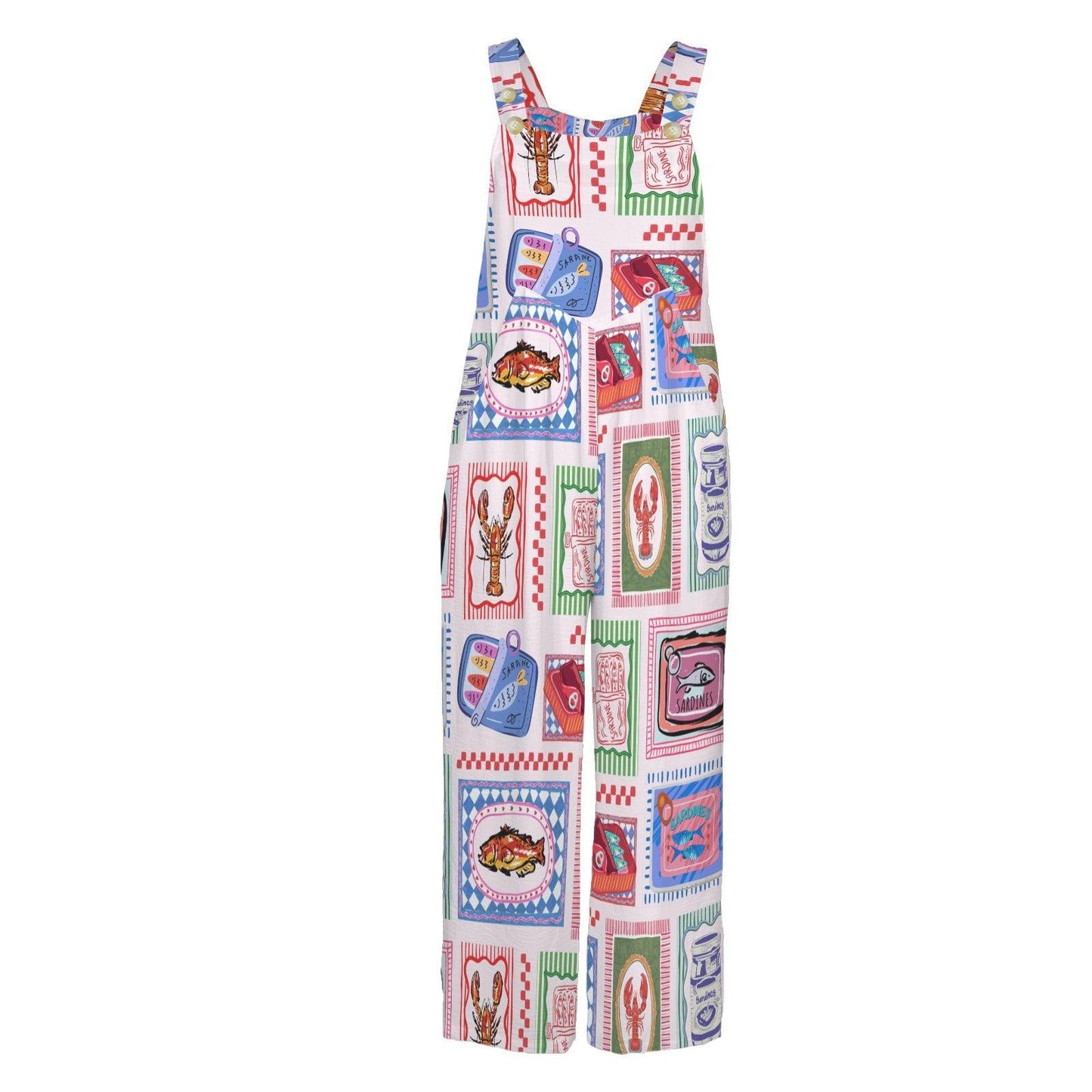 Sardine Tin Jumpsuit, Retro Seafood Overall Romper for Women, Lobster Fish Print Wide Leg Overalls, Maximalist Coastal Clothing