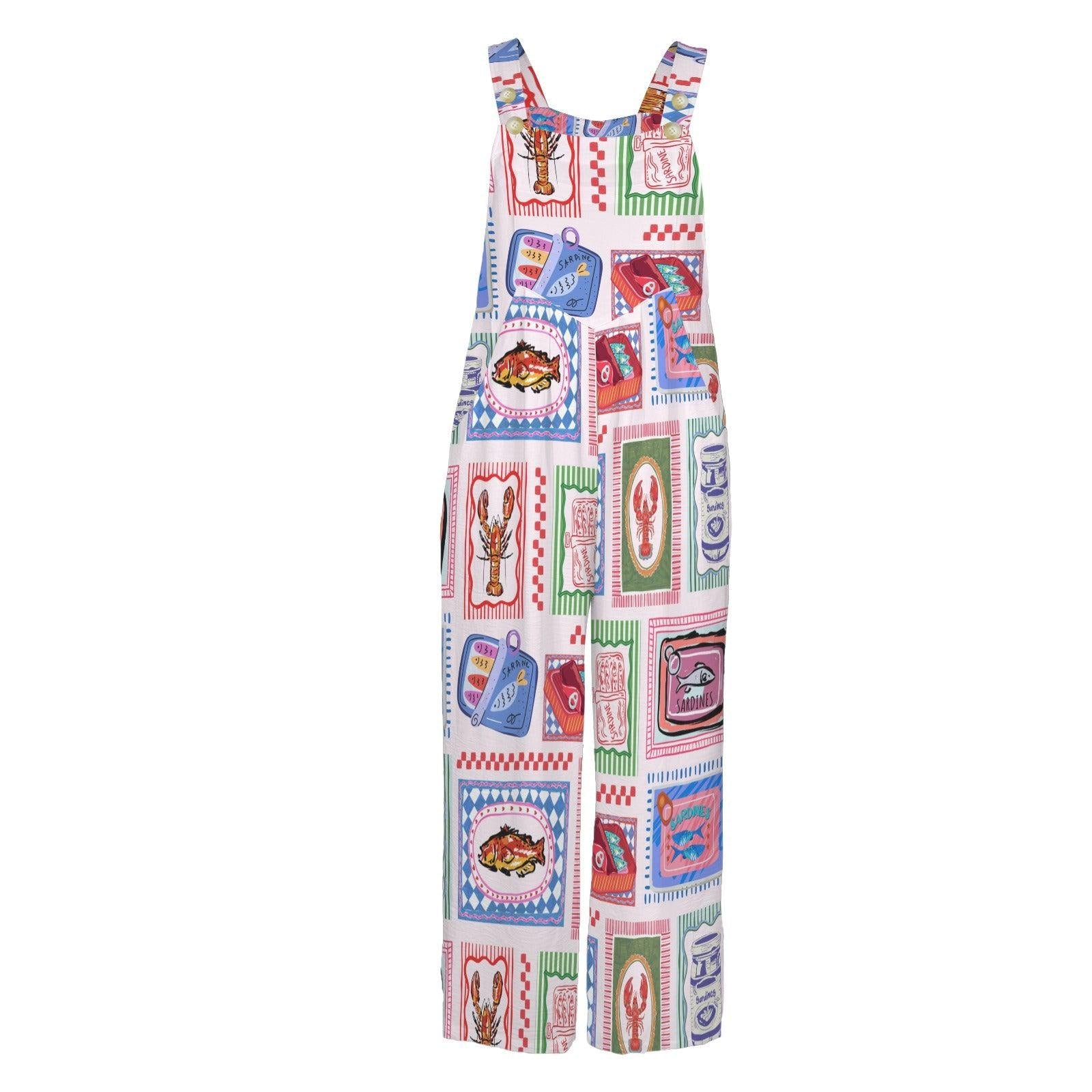 Sardine Tin Jumpsuit, Retro Seafood Overall Romper for Women, Lobster Fish Print Wide Leg Overalls, Maximalist Coastal Clothing