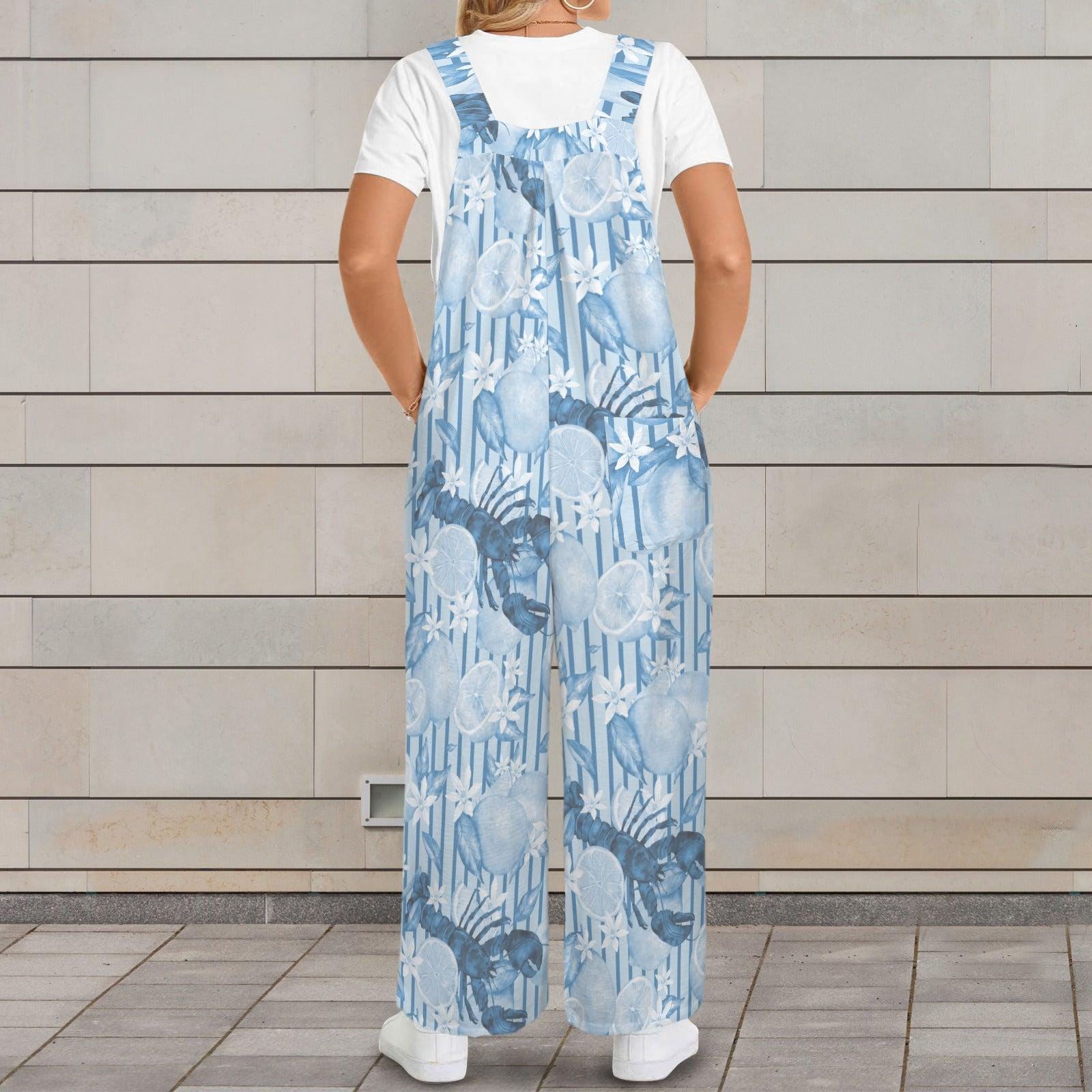 Lobster Jumpsuit Women Blue Citrus Print Overall, Nautical Summer Romper, Coastal Foodie Vacation Jumpsuit with Pockets