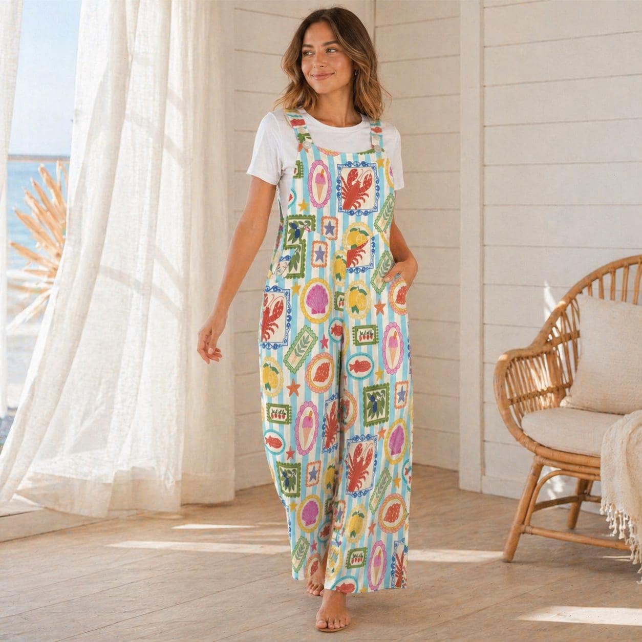 Seafood Stamp Overalls, Colorful Coastal Jumpsuit for Women, Lobster Shell Lemon Vacation Romper, Summer Market Jumpsuit