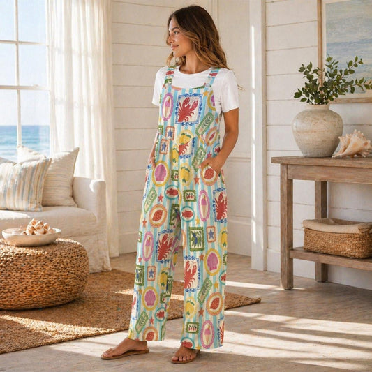 Seafood Stamp Overalls, Colorful Coastal Jumpsuit for Women, Lobster Shell Lemon Vacation Romper, Summer Market Jumpsuit