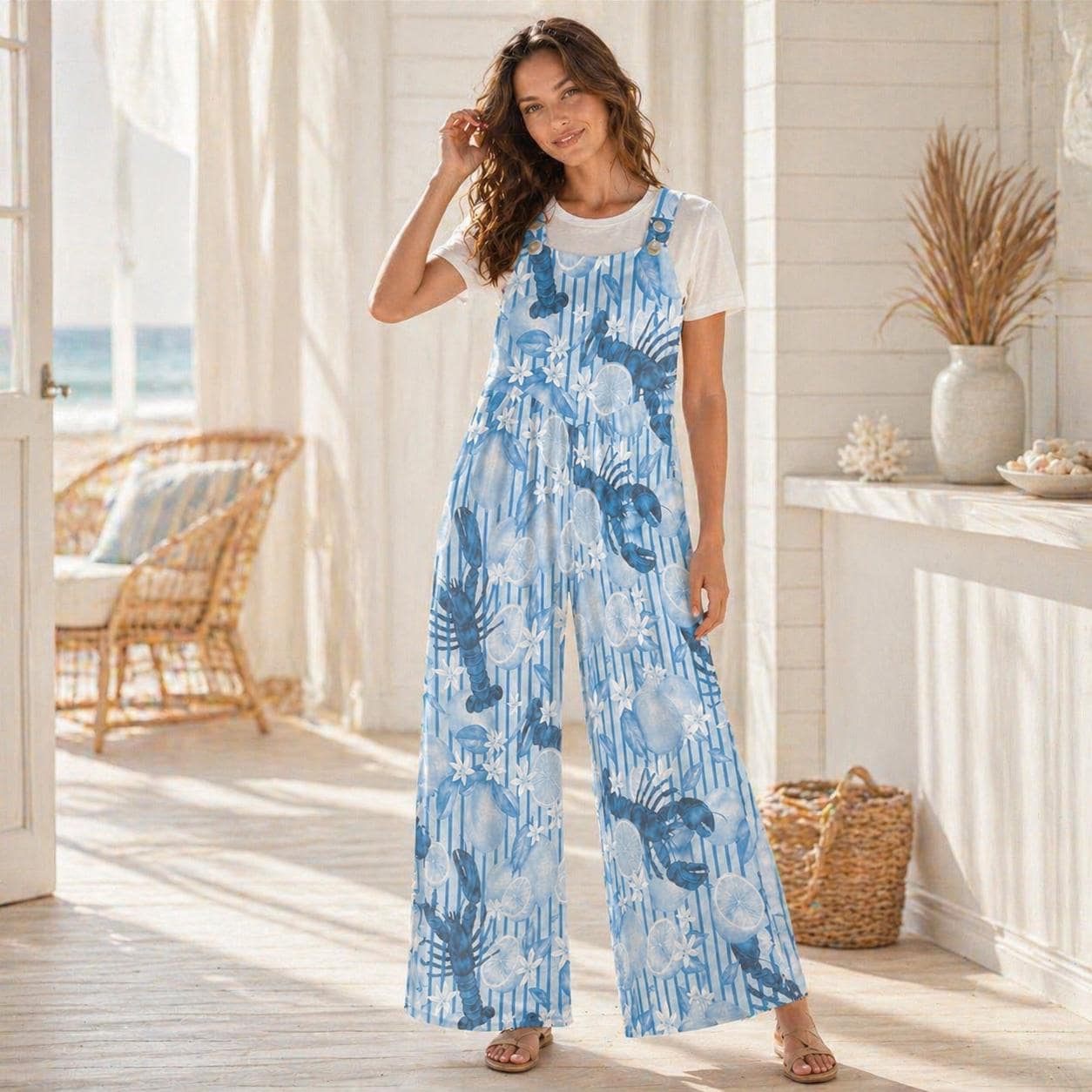 Lobster Jumpsuit Women Blue Citrus Print Overall, Nautical Summer Romper, Coastal Foodie Vacation Jumpsuit with Pockets