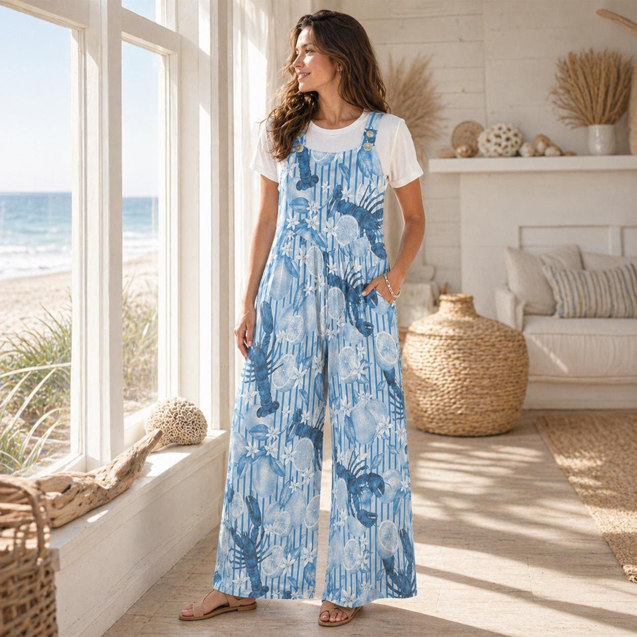Lobster Jumpsuit Women Blue Citrus Print Overall, Nautical Summer Romper, Coastal Foodie Vacation Jumpsuit with Pockets