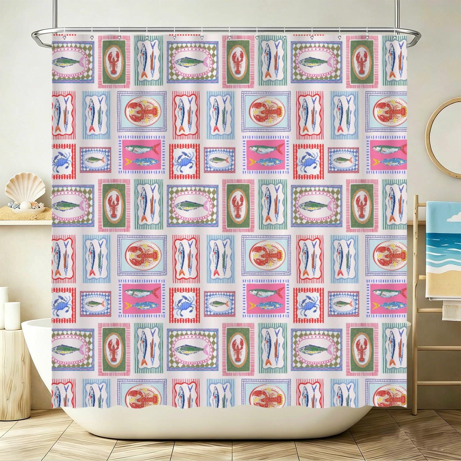 11Seafood Tile Shower Curtain, Colorful Coastal Bathroom Decor, Fish Lobster Crab Bath Curtain, Mediterranean Beach House Accent