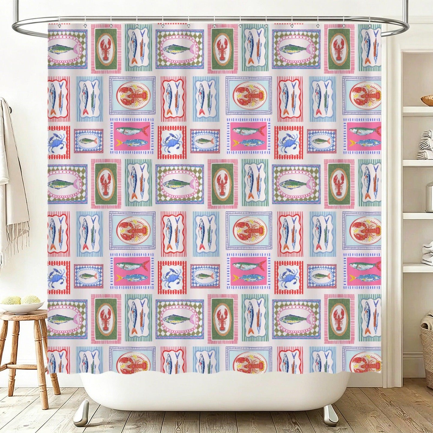 11Seafood Tile Shower Curtain, Colorful Coastal Bathroom Decor, Fish Lobster Crab Bath Curtain, Mediterranean Beach House Accent