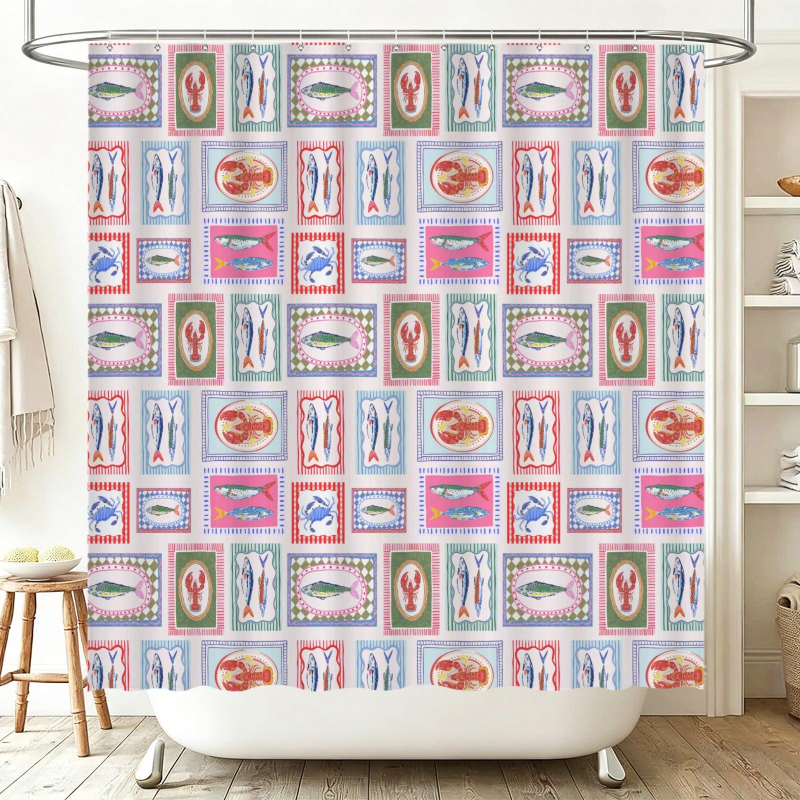 11Seafood Tile Shower Curtain, Colorful Coastal Bathroom Decor, Fish Lobster Crab Bath Curtain, Mediterranean Beach House Accent