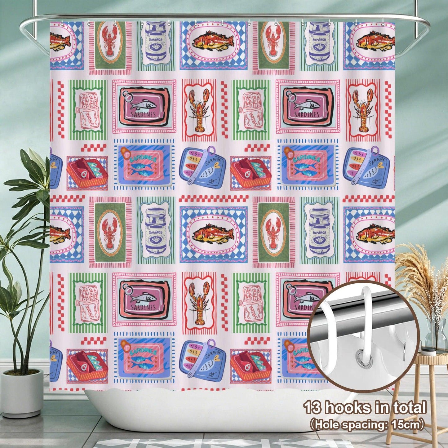 Sardine Lobster Fish Shower Curtain, Coastal Seafood Bathroom Decor