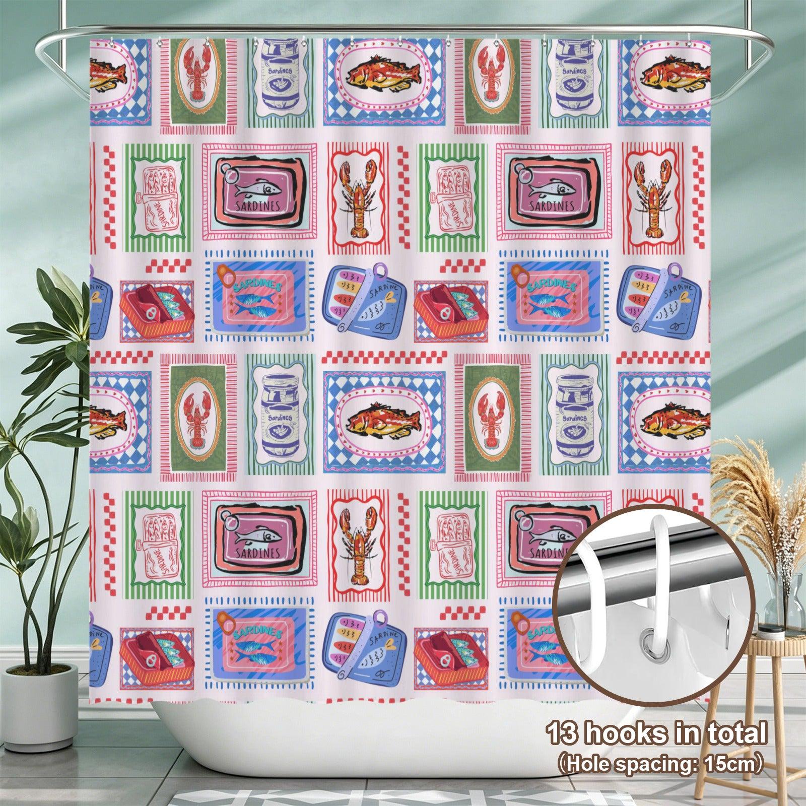Sardine Lobster Fish Shower Curtain, Coastal Seafood Bathroom Decor