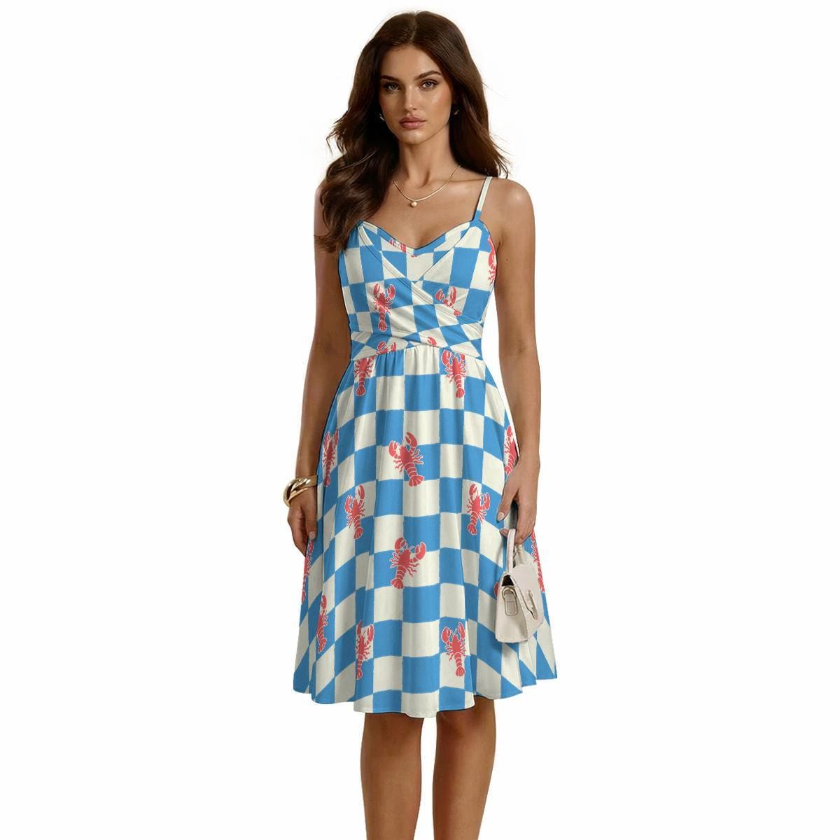 Lobster Checkerboard Dress, Blue Coastal Sweetheart Neckline Summer Sundress