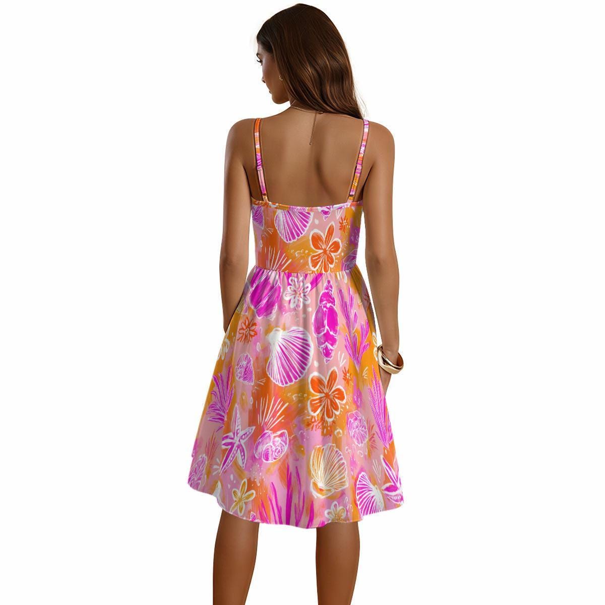 Tropical Shell Sundress, Pink Orange Beach Dress, Coral Seashell Vacation Dress, Sweetheart Strappy A Line Summer Dress for Beach Girl