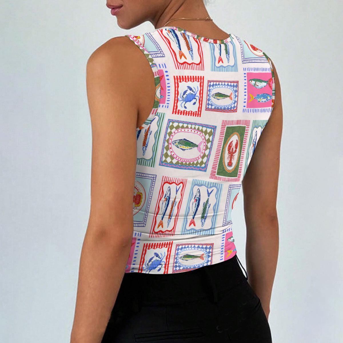 Seafood Print Crop Top, Coastal Square Neck Tank, Lobster Fish Shirt, Nautical Summer Camisole