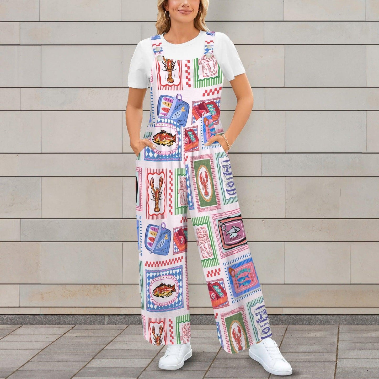 Sardine Tin Jumpsuit, Retro Seafood Overall Romper for Women, Lobster Fish Print Wide Leg Overalls, Maximalist Coastal Clothing
