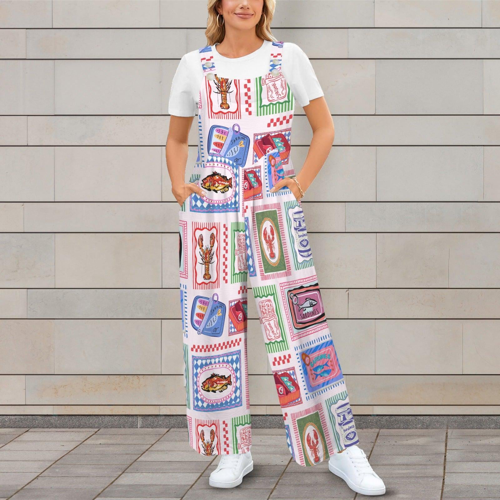 Sardine Tin Jumpsuit, Retro Seafood Overall Romper for Women, Lobster Fish Print Wide Leg Overalls, Maximalist Coastal Clothing